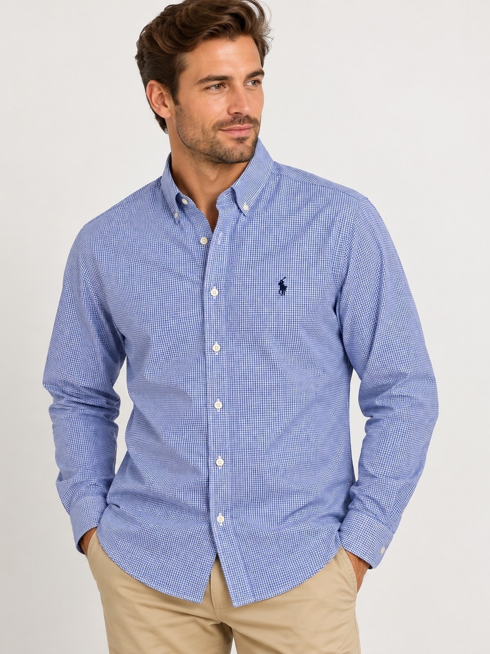 Ralph Lauren Custom Fit Mens 16 32/33 Blue White Check Cotton Button Down Shirt